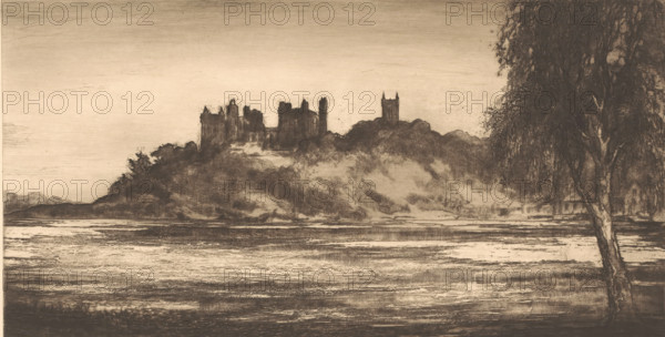 View of Linlithgow Palace and Linlithgow Abbey, print, printmaker: A. Murray (printmaker) (signed by artist), 1800 - 1899, paper, etching, intaglio printmaking technique, height 149 mm x width 287 mm, castle, Linlithgow Palace, West Lothian, A wide sepia-toned landscape showing a large body of water in the foreground with textured horizontal ripples and reflections, a tree with a rough trunk and drooping foliage on the right edge, a densely wooded hillside rising behind the water, and the silhouette of a castle-like structure with turrets and a separate tower perched on the hill against a pale sky.