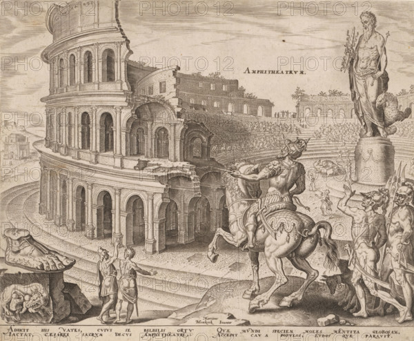 Amphitheatrum, Colosseum in Rome, The Eight Wonders of the World, print, The ruins of the Roman Colosseum. In the center of the Colosseum is a statue of Jupiter. Battles are in progress. In the foreground, Emperor Vespasian on horseback. He had commissioned the construction of the Colosseum. On the left in the foreground is a relief depicting Romulus and Remus being suckled by a wolf. Below the image is a verse in Latin. This print is part of an album., printmaker: Philips Galle, Antwerp, after drawing by Maarten van Heemskerck, 1572, biological material, parchment (animal material), paper, engraving, hand-colored engraving in multiple colors, pasted onto a parchment album page, a frame in blue, black, and gold around the print, height 210 mm x width 258 mm, amphitheater, Vespasian builds the Colosseum, other monuments which are sometimes included in the Wonders of the World (COLOSSEUM), Rome, Colosseum, A detailed engraving shows a large multi-tiered stone amphitheater with rows of ar...