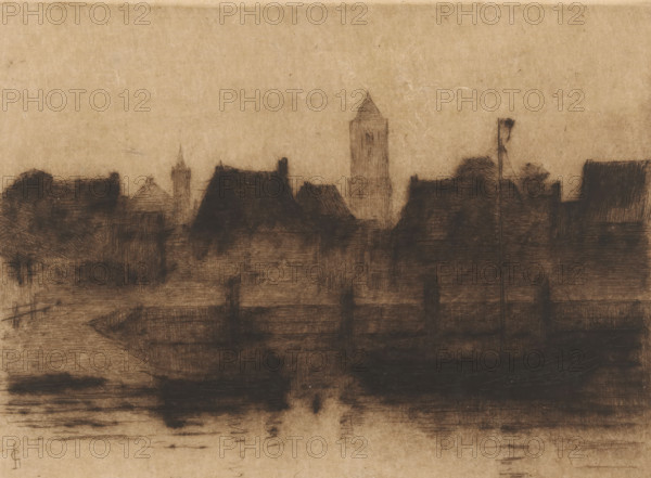Tholen at evening, Tholen (original title), Schetsen in Holland (original series title), print, In the foreground a quay. In the background the tower of the Grote or Onze-Lieve-Vrouwekerk., dedication: 'To Mr. C. Vosmaer', printmaker: Carel Nicolaas Storm van 's-Gravesande (signed by artist), Netherlands, c. 1884, Carel Nicolaas Storm van 's-Gravesande, paper, drypoint, intaglio printmaking technique, height 140 mm x width 190 mm, This is the tenth print from a series of twelve., city-view in general, 'veduta', parts of church exterior and annexes: tower, evening, Onze-Lieve-Vrouwekerk (Tholen), A sepia-toned scene rendered in soft, sketchy lines shows a silhouetted row of buildings and trees along a waterfront, with darker shaded roofs and a taller tower rising above the others; a flagpole stands near the right side, faint railing and dock structures appear along the water's edge, and blurred reflections and horizontal strokes mark the water surface in the foreground.