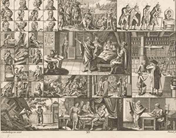 Sheet with diverse encyclopedic illustrations, Bilder-Akademie für die Jugend, Encyclopedic illustrations for youth, print, Various illustrations framed, with various scenes from the story of Hezekiah at the center, surrounded by other images including common diseases, a pharmacy, and Telephus. Numbered bottom center: 30., printmaker: Johann Georg Penzel, after design by Johann Rudolph Schellenberg, 1784, paper, engraving, etching, height 208 mm x width 275 mm, Part of a series of encyclopedic prints by various artists after a design by Daniel Nikolaus Chodowiecki for Johann Sigmund Stoy's 'Bilder-Akademie für die Jugend', published in Nuremberg in 1784. The prints were intended for children to cut out, paste onto cards, and then arrange in a logical manner (see Heesen, Anke te. The World in a Box: The Story of an Eighteenth-Century Picture Encyclopedia. Chicago: University of Chicago Press, 2002)., pharmacist, druggist, apothecary, pharmacy, drugstore, dispensing chemist, diseases, (s...