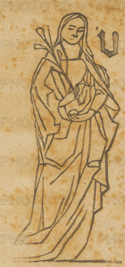 Unknown saint, Saints, print, album page, This print is part of an album., 1800 - 1899, printmaker, paper, woodcut, height 196 mm x width 168 mm, A tall, stylized figure drawn in dark lines on aged, speckled paper wearing a long flowing robe with angular folds and drapery, standing with one arm bent and the other cradling a rounded object, hair long and parted falling over the shoulders, facial features simplified with closed or downcast eyes and a small mouth, a leafy branch or sprig held near the shoulder, and a separate dark ornamental mark or shape to the right of the head.