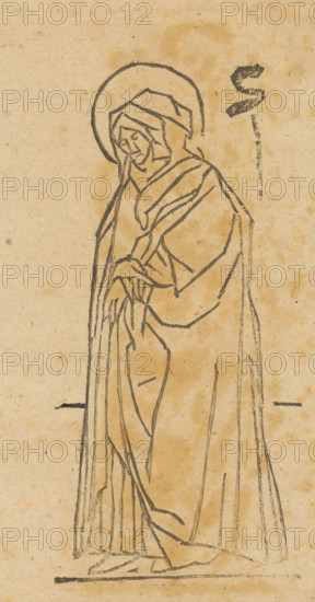 Unknown saint, Saints, print, album page, This print is part of an album., 1800 - 1899, printmaker, paper, woodcut, height 196 mm x width 168 mm, A monochrome line drawing on aged, textured paper shows a robed, standing figure with a circular halo around the head, the head slightly bowed and covered by a hood. The figure's hands are clasped near the midsection, and long, flowing garments with visible folds and layered drapery extend down to the feet. The sketch lines are dark and uneven, with some smudging and small ink blots on the background, and there is an isolated, thick brushstroke mark near the upper right of the image.