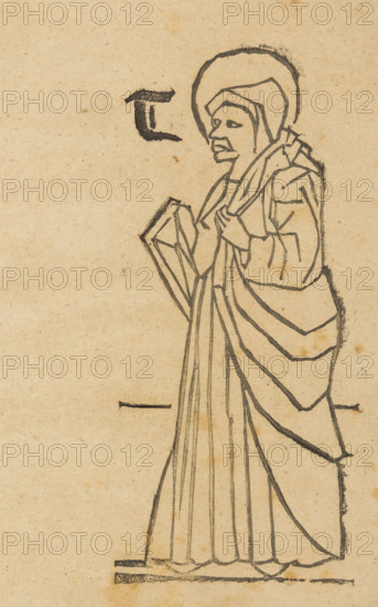 Unknown saint, Saints, print, album page, This print is part of an album., 1800 - 1899, printmaker, paper, woodcut, height 196 mm x width 168 mm, A monochrome ink drawing on aged paper shows a robed figure in profile facing left, wearing a rounded halo and a head covering, with facial features rendered in simple lines and a slightly open mouth; the figure holds a rectangular object with both hands and wears a long pleated robe with flowing outer drapery, standing on a thin horizontal base line, with a short thick brushstroke mark floating nearby.