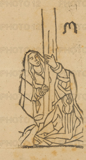 Unknown saint, Saints, print, album page, This print is part of an album., 1800 - 1899, printmaker, paper, woodcut, height 196 mm x width 168 mm, A monochrome ink drawing on aged paper showing two robed figures kneeling beside and reaching toward a tall vertical post or column; one figure has long hair and a downcast expression with hands touching the post, while the other figure, partly obscured, has a hand raised toward the post and draped patterned robes; angular folded garment lines and textured shading define the clothing and the ground beneath them.