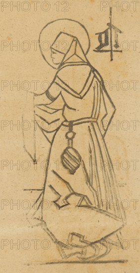 Unknown saint, Saints, print, album page, This print is part of an album., 1800 - 1899, printmaker, paper, woodcut, height 196 mm x width 168 mm, A hand-drawn sketch on aged paper shows a robed figure in profile facing left, wearing a hood and a circular halo around the head; the figure’s face is outlined and the head covering has angular folds. The garment features layered collars and detailed sleeves with diagonal folds, a belt at the waist from which a rounded, striped ornament hangs, and long vertical folds at the back of the robe. The lower robe flares and contains angular decorative shapes near the hem, and the figure’s feet are partially visible beneath the drapery. The drawing is executed in dark pencil or ink strokes with visible sketch lines and shading on a textured, yellowed paper background.