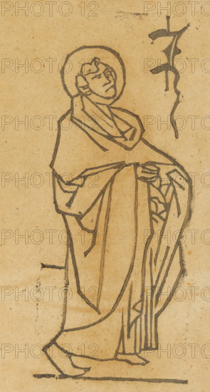 Unknown saint, Saints, print, album page, This print is part of an album., 1800 - 1899, printmaker, paper, woodcut, height 196 mm x width 168 mm, A standing figure drawn in dark ink on aged, tan paper wearing layered, flowing robes with long sleeves and a draped outer garment, hands clasped at midsection holding part of the robe, a rounded halo or circular outline behind the head, a stylized facial profile with short hair and a calm expression, angular folds and lines indicating fabric, simple outlined feet beneath the robe, and a vertical, abstract ink mark positioned near the figure's upper side.