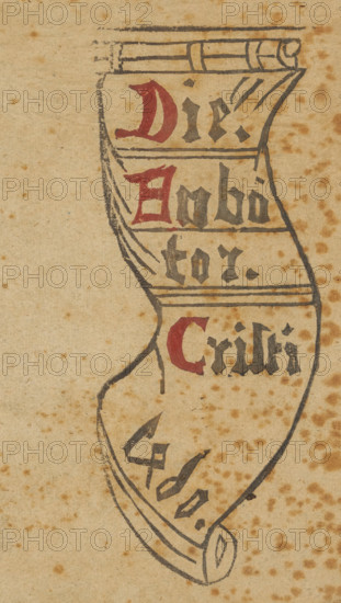 Title page for a series of saints, Die Anböter Cristi 1460, Saints, album, title page, Album with nine depictions of saints based on a book from 1460., 1800 - 1899, printmaker, paper, woodcut, height 196 mm x width 168 mm, Bound in is a loose sheet with handwritten information about the album., A vertically oriented aged parchment with brown spotting shows a hand-drawn curled ribbon or scroll rendered in dark ink, outlined with flowing contour lines and horizontal bands; decorative angular calligraphic marks appear inside the ribbon in darker and muted red ink; the scroll features a rolled end at the top and a tapered rolled end at the bottom, with shaded strokes suggesting folds and creases.