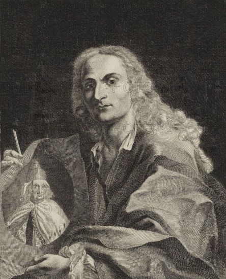 Portrait of an unknown artist, possibly Giovanni Marco Pitteri or Gregorio Lazzarini, print, Portrait of an unknown Italian artist, possibly Giovanni Marco Pitteri, or Gregorio Lazzarini holding a burin and a print with the portrait of a Doge, possibly Carlo Ruzzini., Italy, 1763 - 1799, printmaker, paper, etching, engraving, height 263 mm x width 205 mm, Person, Giovanni Marco Pitteri, Gregorio Lazzarini, Carlo Ruzzini, historical persons, tools, implements of graphic artist, portrait, self-portrait of graphic artist, lithograph, A detailed black and white etching of a seated person with long wavy hair, a calm facial expression, and a turned head, wearing layered garments with visible folds and textured shading; the figure holds a drawing tool in one hand and a circular sketch of a smaller robed figure with a headdress appears near the lower left, while the background is densely hatched dark space.