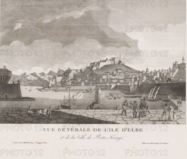 View of Portoferraio on Elba, Vue générale de l'Ile d'Elbe et de la Ville de Porto-Ferrajo, print, Bottom right: Déposé au Bureau des Estampes., publisher: Jean Baptiste Genty, Paris, 1820 - 1834, printmaker, paper, steel engraving, height 210 mm x width 289 mm, harbour, city-view, and landscape with man-made constructions, Tuscany, Livorno, Portoferraio, A wide engraved coastal scene showing a harbor with sailing boats and ships in the water, a stone quay in the foreground where groups of people stand and converse, and a man leading a horse and cart near stacked barrels. Behind the quay a dense town of tightly packed buildings with varied roofs rises up a hillside topped by fortifications and walls, with a flag flying from a prominent structure. On the far right a lighthouse stands near buildings on a promontory. Distant mountains form the backdrop beneath a sky filled with large textured clouds. The lower margin shows a strip of blank paper with decorative printed lettering.