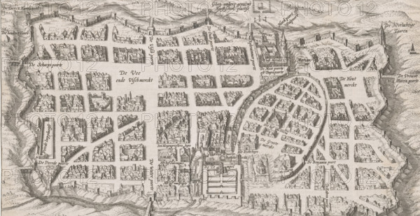 Bird's-eye view of Jerusalem, print, book illustration, 1700 - 1750, printmaker, paper, engraving, etching, letterpress printing, etching and engraving with text in letterpress on verso, height 172 mm x width 328 mm, maps of cities, Jerusalem, A wide, detailed bird’s-eye engraving of a walled city showing a grid of streets and rectangular blocks filled with rows of small, closely packed buildings and houses, with larger landmark structures interspersed. Thick defensive walls and towers surround the city, with gates interrupting the wall at several points and fortified bastions along the perimeter. A curving, elevated rampart or embankment encloses a distinct oval district containing more clustered buildings and narrow streets. Several churches or tall spired buildings rise above the rooftops, and a few larger multi-towered complexes and courtyarded compounds are visible. The shoreline and water are shown along one edge, with docks, piers, and a bridge leading into the city. Open square...