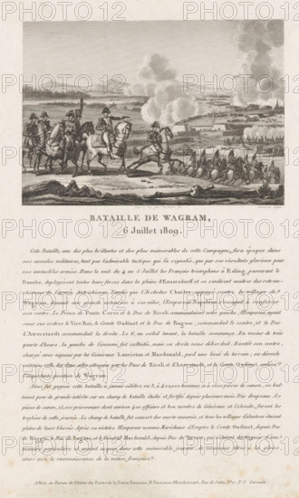 Battle of Wagram, 1809, Bataille de Wagram, 6 Juillet 1809, print, book illustration, The Battle of Wagram in Austria, 5-6 July 1809. Napoleon's last victory. Below the plate a long text in French., printmaker: François Louis Couché, France, printmaker: Pigeot, publisher: F. Ternisien d'Haudricourt, Paris, 1809 - 1820, François Louis Couché, Pigeot, F. Ternisien d'Haudricourt, printmaker, publisher, paper, etching, height 281 mm x width 210 mm, Illustration taken from an unknown edition of: F. Ternisien d'Haudricourt, Fastes de la nation française, Paris., Person, Napoleon I (Emperor of the French), battle (land forces), Lower Austria, Deutsch Wagram, Period, 1809-07-06, A detailed black and white engraving shows a battlefield scene with mounted officers in the foreground riding horses and gesturing, clouds of smoke rising over the distant fields, lines of infantry and cavalry formations across the plain, scattered cannons and equipment, and undulating terrain with low hills and distan...