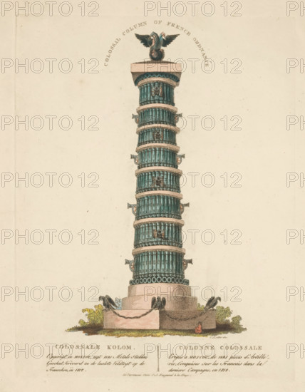 Colossal Column of French Ordnance, Colossal Column, Column in Moscow, 1812, print, Colossal column in Moscow, erected from 1, 195 cannons captured from the French in the Russian campaign of 1812. With caption in Dutch and French, in two columns., printmaker: Christian Anthony Lotter, Netherlands, publisher: François Joseph Weygand, The Hague, 1814-09, paper, etching, hand coloring, hand-colored, height 261 mm x width 201 mm, Person, Napoleon I (Emperor of the French), column, pillar, architecture (variant), Russian Campaign, Period, A tall segmented column with repeated cylindrical tiers colored teal and banded with light beige rings rises from a square pedestal, the base area showing small shrubs and a few black birds perched on the pedestal and chain draped between posts, a sculpted double-headed eagle perched atop a flat cap at the column summit, the scene rendered on aged cream paper with faint printed lines and decorative printed text visible near the top and bottom edges.