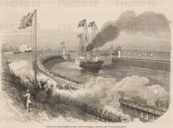 Entry of the Queen of England into the port of Boulogne, aboard the yacht Victoria and Albert, Queen Victoria arrives in the port of Boulogne, 1855, print, book illustration, The royal visit of British Queen Victoria to Napoleon III. Arrival of the royal yacht Victoria and Albert in the port of Boulogne, August 17, 1855., printmaker: P. Blanchard, paper, wood engraving, height 190 mm x width 247 mm, Illustration taken from the issue of 'L'Illustration, Journal Universel' of August 25, Person, Victoria (Queen of the United Kingdom and Empress of India), Napoleon III (Emperor of the French), public festivities at other royal events, not meant or mentioned above, Boulogne-sur-Mer, Period, A large sailing vessel with tall masts and flags is entering a curved stone harbor lined with crowds of people; smoke billows from an area near the ship and drifts across the sky. A tall flagpole with a waving flag stands in the foreground beside a grassy slope where groups of onlookers, including women ...
