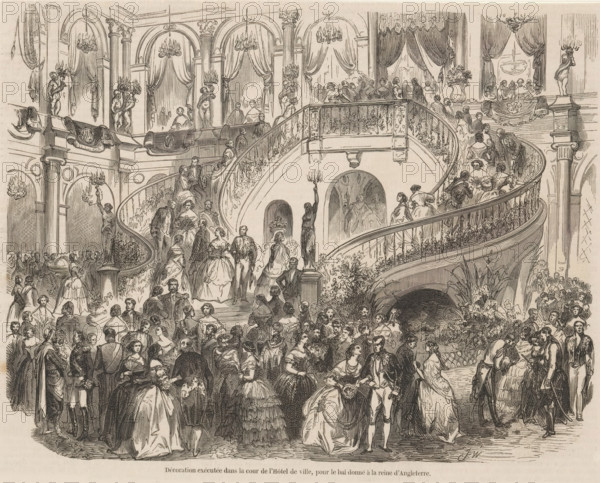 Decoration executed in the courtyard of the Town Hall for the ball given to the Queen of England, Town Hall at the ball arranged in honor of Queen Victoria, 1855, print, book illustration, The royal visit of British Queen Victoria to Napoleon III (August 17-28, 1855). Decorations in the Hôtel de Ville in Paris for the ball in honor of Queen Victoria, August 1855., printmaker: Jules Worms, paper, wood engraving, height 204 mm x width 249 mm, Illustration taken from the issue of 'L'Illustration, Journal Universel' of September 1, 1855., Person, Victoria (Queen of the United Kingdom and Empress of India), Napoleon III (Emperor of the French), ball, formal dance, public festivities at other royal events, not meant or mentioned above, Paris, City Hall (Paris), Period, 1855-08, A large crowded indoor scene showing many people dressed in historical formal attire mingling on a grand staircase and in a hall, with women in full dresses and men in tailored coats and cravats, some couples walking ...