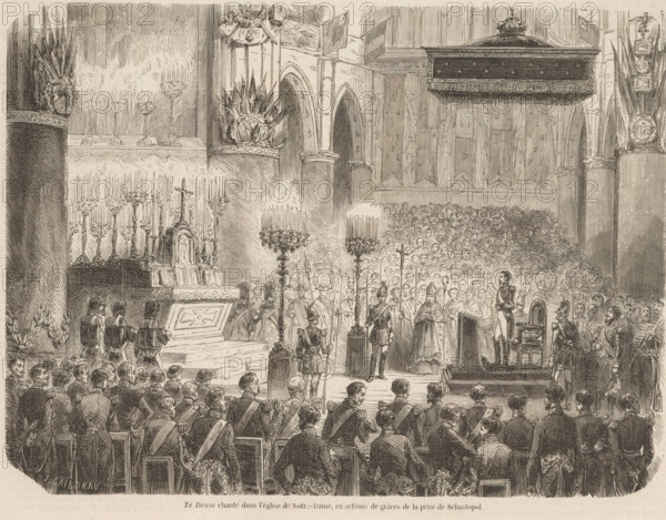 Thanksgiving service at the capture of Sevastopol, 1855, Te Deum chanté dans l'église de Notre-Dame, en actions de grâces de la prise de Sévastopol, print, book illustration, Thanksgiving service in Notre-Dame in Paris in the presence of Emperor Napoleon III, on the occasion of the capture of Sevastopol, September 1855., printmaker: Jules Gaildrau, France, Jules Gaildrau, printmaker, paper, wood engraving, height 201 mm x width 249 mm, Illustration taken from the issue of 'L'Illustration, Journal Universel' of September 22, 1855., Person, Napoleon III (Emperor of the French), Holy Mass (divine service, especially of Roman Catholic Church), Siege of Sevastopol, Paris, Notre-Dame (Paris), Period, 1855-09, A detailed black and white engraving of an interior ceremony in a large cathedral with tall columns and arched architecture, showing a crowded congregation seated in rows facing a raised altar area. Ornate candleholders and candelabras flank the altar, and decorative floral and heraldic...