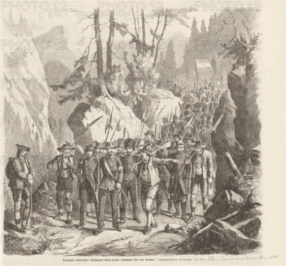 Transport of Italian prisoners of war, 1866, Transport italienischer Gefangener durch tyroler Landsturm über den Brenner, print, book illustration, Transport through the Austrian Landsturm of Italian prisoners of war through the Brenner Pass, 1866. Scene from the Prussian-Austrian War., Germany, 1866-08, printmaker, paper, wood engraving, height 240 mm x width 256 mm, Illustration taken from: Allgemeine Illustrierte Zeitung, August 1866., transfer, deportation, prisoner of war, Austro-Prussian War, Tyrol, Brenner Pass, Period, A detailed black and white engraved scene shows a procession of men walking along a rocky forested path between cliffs and tall trees; the men wear varied period clothing including hats, coats, and military-style uniforms, and many carry long spears or rifles while a few hold staffs or bags, with a small group of leaders at the front and a dense line of figures stretching back into the shaded trees, where a flag on a pole is visible; large boulders, exposed roots...