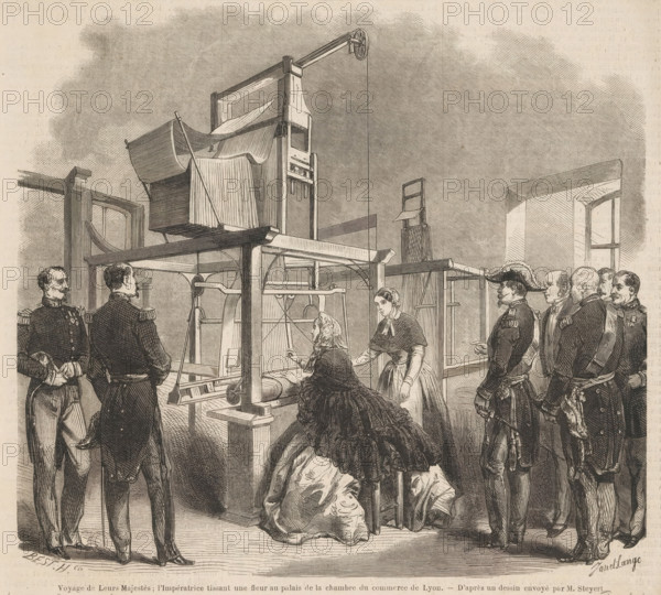 Voyage de Leurs Majestés: l'Impératrice tissant une fleur au palais de la chambre du commerce de Lyon, Empress Sisi behind the loom, 1860 (former title), Empress Eugénie behind a weighing loom, 1860, print, book illustration, Empress Eugénie of France behind the loom at a trade fair in Lyon, 1860. Emperor Napoleon III and his entourage look on., printmaker: Ange-Louis Janet, France, printer (person): Best Hotelin et Cie, after drawing by Steyert, 1860-09, Ange-Louis Janet, Best Hotelin et Cie, Steyert, printmaker, printer (person), after drawing by, paper, wood engraving, height 217 mm x width 237 mm, Illustration taken from: L'Illustration, Journal Universel, 8 September 1860., Person, Eugénie (Empress of the French), Napoleon III (Emperor of the French), weaving-loom, Lyon, Period, A detailed black and white engraving shows a large mechanical loom or weaving apparatus occupying the center, with wooden beams, pulleys, a raised platform, and a suspended rope; several women are seated a...