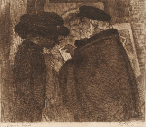 Man and woman leafing through a book, print, printmaker: Maurice Denis, 1880 - 1943, paper, etching, intaglio printmaking technique, print in brown, etching with plate tone in brown, height 225 mm x width 254 mm, book, art collection, art gallery, A sepia-toned drawing showing two figures facing each other in close proximity, one on the left wearing a voluminous hat and dark clothing with crosshatched shading, the other on the right wearing a cap and a cloak with a textured beard visible; the right figure holds an open book between them with visible pages, and detailed crosshatching fills the background and clothing to create depth and shadow.