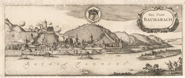 View of Bacharach, Die statt Bacharach, print, printmaker, Johannes Janssonius, Frederik de Wit, Johannes Janssonius van Waesberge (I), paper, engraving, etching, height 274 mm, width 452 mm, armorial bearing, heraldry, prospect of city, town panorama, silhouette of city, Rhineland-Palatinate, Bacharach, A detailed monochrome engraving shows a riverside town with clustered buildings, towers, and steeples lining the water’s edge, backed by terraced hills and a larger fortified complex on a hilltop; boats and small vessels are on the river in the foreground, and a low stone quay or wall runs along part of the shore; an ornamental cartouche and a heraldic wreath appear in the sky area, while two figures stand on a grassy bank in the lower right looking toward the town; fields, trees, and a small pavilion or house appear on a peninsula across the river, and clouds and fine line shading fill the sky and hillside areas.