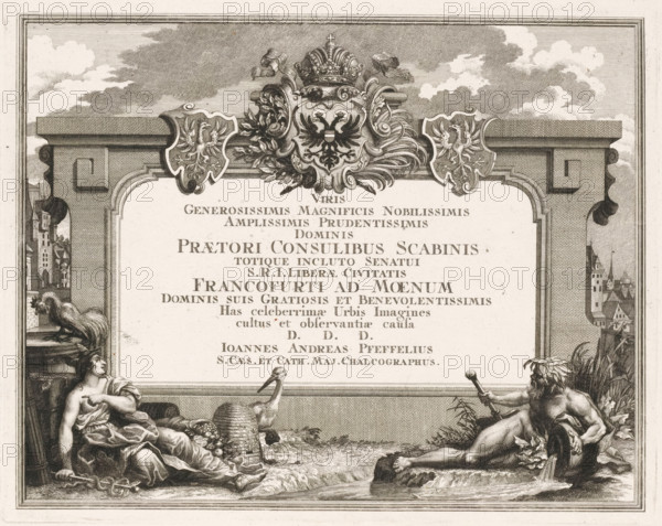 Dedication with Mercury and a river god, Viris generosissimis magnificus nobilissimis amplissimis, print, Left Mercury, right a river god., publisher: Johann Andreas Pfeffel (der Ältere), Augsburg, dedicated to: Magistrate of Frankfurt am Main, 1738, Bavaria, paper, engraving, etching, height 272 mm x width 342 mm, Print used in: Francofurtum ad Moenum Floridum, 1738., river-gods, (story of) Mercury (Hermes), coat of arms (as symbol of the state, etc.) (city, municipal), Hesse, Frankfurt am Main, A decorative engraved scene framed by an ornate architectural border shows a central cartouche topped with a crowned double-headed eagle emblem flanked by two smaller heraldic shields; in the lower foreground two reclining classical figures face each other across a small pool, one draped in flowing cloth holding a staff with a chained object at her feet and a rooster perched nearby, the other partially nude with muscular form holding a rod while water flows from a vessel beside him; architectu...