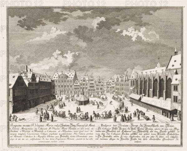Prospectus montis B. Virginis Mariae, vulgo Fraüen-Berg, Prospect des Fraüen-Bergs zu Franckfurth, View of the Liebfrauenberg, in Frankfurt am Main, print, book illustration, in Frankfurt am Main. A number of horse-drawn sleighs ride around the square. Numbered top right: 5., printmaker: Georg Daniel Heumann (possibly), after drawing by Salomon Kleiner, publisher: Johann Andreas Pfeffel (der Ältere), Augsburg, grantor of privilege: Charles VI (Holy Roman Emperor), 1738, provider of privilege, Bavaria, paper, engraving, etching, height 271 mm x width 341 mm, Print used in: Francofurtum ad Moenum Floridum, 1738., market, horse-sleigh, Hessen, Frankfurt am Main, A wide engraved city square seen from above with rows of tall buildings on both sides and a large church with pointed windows on the right, a central circular pavilion in the middle of the open space, many small groups of people walking and standing, several horse-drawn sleighs and riders moving through the square, children playin...