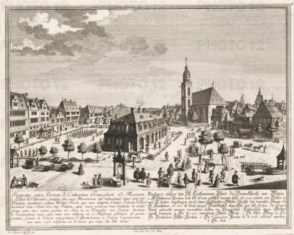 Prospectus extra Portam S. Catharinae Francofurti ad Moenum, Prospect aüsser der St. Catharinen-Pfort dü Franckfürth am Maïn, View from the St. Catherine's Gate, in Frankfurt am Main, print, book illustration, in Frankfurt am Main. St. Catherine's Church can be seen on the right. Numbered top right: 6., printmaker: Georg Daniel Heumann (possibly), after drawing by Salomon Kleiner, publisher: Johann Andreas Pfeffel (der Ältere), Augsburg, grantor of privilege: Charles VI (Holy Roman Emperor), 1738, provider of privilege, Bavaria, paper, engraving, etching, height 271 mm x width 343 mm, Print used in: Francofurtum ad Moenum Floridum, 1738., church (exterior), city-view in general, 'veduta' - II - ideal city, Hesse, Frankfurt am Main, St. Catherine's Church (Frankfurt), A wide engraved city scene shows a central open square bordered by rows of multi-story timber and stone buildings with steep roofs, dormer windows, and decorative facades. A large church with a tall bell tower and a pitche...