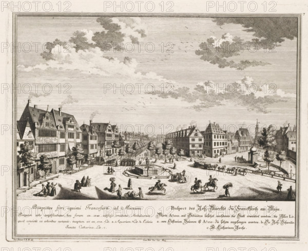 Prospectus fori equini Francofurti ad Moenum, Prospect des Hofs-Marckts zü Frankfurth am Maïn, View of the horse market or main market, in Frankfurt am Main, print, book illustration, in Frankfurt am Main. Numbered top right: 7., printmaker: Georg Daniel Heumann (possibly), after drawing by Salomon Kleiner, publisher: Johann Andreas Pfeffel (der Ältere), Augsburg, grantor of privilege: Charles VI (Holy Roman Emperor), 1738, provider of privilege, Bavaria, paper, engraving, etching, height 271 mm x width 342 mm, Print used in: Francofurtum ad Moenum Floridum, 1738., square, circus, city-view in general, 'veduta' - II - ideal city, Hessen, Frankfurt am Main, A wide sepia-toned engraving shows a town square framed by rows of multi-story buildings with steeply pitched roofs and decorative facades. In the center of the square is a large fountain with a raised octagonal basin and a central sculptural element, surrounded by benches. People in period dress populate the square, walking, convers...