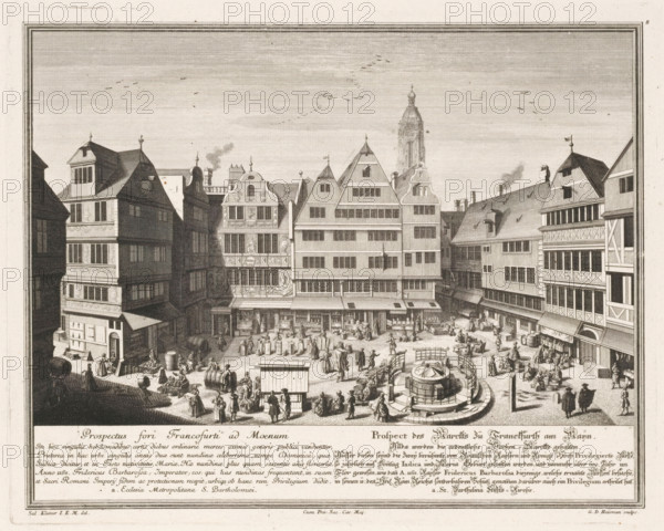 Prospectus fori equini Francofurti ad Moenum, Prospect des Marckts zü Frankfurth am Maïn, View of a market in Frankfurt am Main, print, book illustration, View of a market in Frankfurt am Main. Numbered top right: 8., printmaker: Georg Daniel Heumann, after drawing by Salomon Kleiner, publisher: Johann Andreas Pfeffel (der Ältere), Augsburg, grantor of privilege: Charles VI (Holy Roman Emperor), 1738, Bavaria, paper, etching, height 273 mm x width 343 mm, Print used in: Francofurtum ad Moenum Floridum, 1738., market, city-view in general, 'veduta' - II - ideal city, Hessen, Frankfurt am Main, A detailed black and white engraving shows a bustling town square surrounded by multi-story timber and stone buildings with steep gabled roofs and ornate facades, a central circular fountain with a decorative basin and railings, numerous people engaged in market activities around stalls and barrels, carts and goods scattered on the cobbled ground, small groups conversing or walking, architectural ...