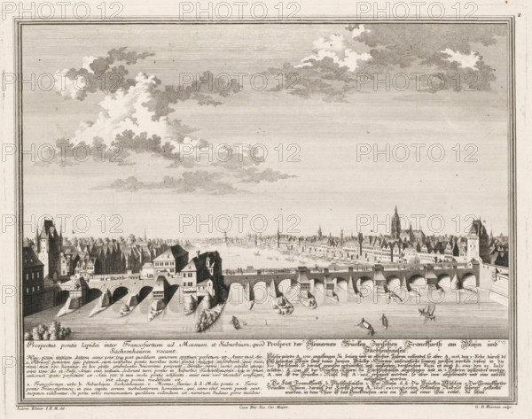View of the Old Bridge, in Frankfurt am Main, Prospectus pontis lapidei inter Francofurtum ad Moenum, Prospect der Steinernen Brücken zwischen Franckfurth am Maïn, print, book illustration, in Frankfurt am Main. Numbered top right: 2., printmaker: Georg Daniel Heumann, after drawing by Salomon Kleiner, publisher: Johann Andreas Pfeffel (der Ältere), Augsburg, grantor of privilege: Charles VI (Holy Roman Emperor), 1738, Bavaria, paper, etching, engraving, height 272 mm x width 342 mm, Print used in: Francofurtum ad Moenum Floridum, 1738., bridge, city-view in general, 'veduta' - II - ideal city, Hesse, Frankfurt am Main, Alte Brücke (Frankfurt am Main), A wide engraved view shows a stone bridge with multiple arches crossing a river, with triangular cutwaters and small buildings perched on some piers; along the riverbanks a dense row of tightly packed houses and taller buildings with pitched roofs and spires extends into the distance, including a prominent tall church tower and other ste...