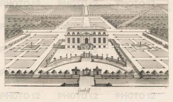 Grunhof, View of a country house, print, book illustration, possibly the former Schloss Grünhoff near Kaliningrad. Numbered lower right: 3., printmaker: Jean-Baptiste Broebes (possibly), publisher: Johann Georg Merz, Augsburg, 1733, unknown, grantor of privilege, Bavaria, paper, etching, height 299 mm x width 464 mm, Print used in: Broesbes, 1733., palace, Berlin, Schloss Glienicke, A detailed monochrome illustration of a symmetrical formal garden with a central rectangular building that has a mansard roof and rounded windows set above a raised entrance with a curved double staircase. The foreground shows a gated entrance flanked by small pavilions and a curved balustrade leading up to the building, with pathways and rows of small trees on either side. The main garden is laid out in geometric beds and parterres bounded by low walls and walkways, with rectangular pools and fountains visible within some beds. Stone balustrades, statues on pedestals, and scattered human figures appear alo...