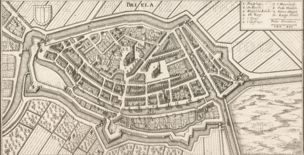 Map of Brielle, Briela, area plan, print, Top left the city coat of arms, top right a legend with the numbers 1-10., Netherlands, c. 1670 - c. 1730, printmaker, paper, etching, height 130 mm x width 250 mm, maps of cities, Brielle, A detailed bird’s-eye engraving of a walled town with angular bastions and layered defensive earthworks surrounding densely packed rows of buildings and narrow streets; a large church with a tall steeple stands near the center amid open squares and tree-filled gardens; canals and moats encircle the inner town with boats docked along quays; outside the fortifications are patterned agricultural fields and orchards divided by straight roads and hedges; a legend box appears in the corner with a list and a small scale; the whole image rendered in fine line work and hatching.