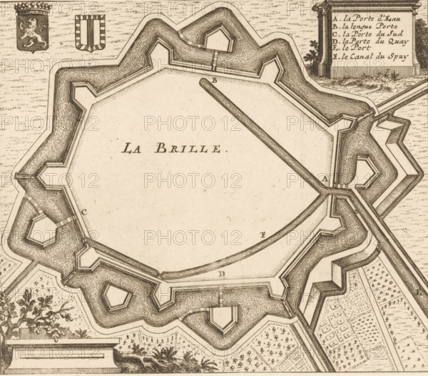 La Brille, Fortification plan of Brielle, area plan, print, Plan of the fortifications of Brielle, with the city coat of arms on the left and a French legend with AF. on the right, Netherlands, c. 1670 - c. 1730, printmaker, paper, etching, height 151 mm x width 175 mm, maps of cities, fortified city, Brielle, A detailed bird's-eye view of a fortified star-shaped structure surrounded by layered moats and angular bastions, rendered in fine sepia lines and dot shading, with inner open space and a long straight pier extending toward the center, ornate decorative cartouches and small heraldic shields near the top, patterned garden plots and clipped vegetation outside the fortifications, and various walkways and ramps connecting the bastions.