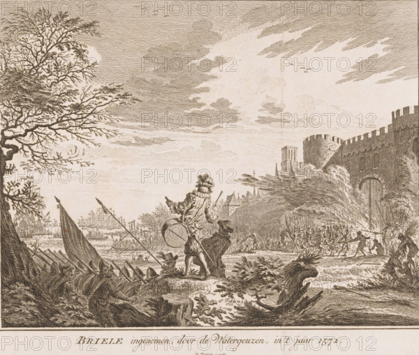 Capture of Brielle, 1572, Brielle captured, by the Sea Beggars, in the year 1572, print, book illustration, The Sea Beggars of Lumey set fire to and ram the city gate of Brielle, April 1, 1572. In the foreground two drummers and a company of soldiers. In the background ships in the water., printmaker: Simon Fokke, Northern Netherlands, publisher: Isaak Tirion, Amsterdam, 1752, paper, etching, engraving, height 194 mm x width 226 mm, A detailed monochrome etching shows a waterfront scene with a large tree on the left, its branches extending across the sky, and a fortified stone wall and gate with battlements on the right; several small boats with raised sails and oars occupy the water in the midground, while a standing figure in period clothing near the center holds a drum and a long pole and looks toward the water; groups of figures and soldiers cluster near the shoreline by the fort, and clouds are engraved across the sky with a few small birds visible; foreground vegetation, wooden s...