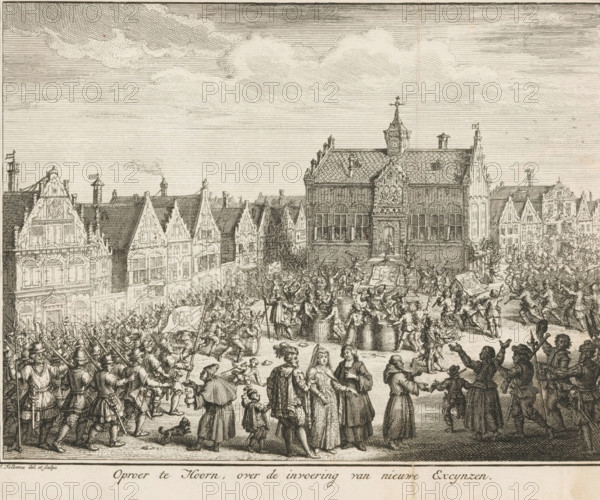 Riot in Hoorn over the introduction of new excise duties on beer, Riot in Hoorn, over the introduction of new excise duties, print, book illustration, printmaker: Jacob Folkema, publisher: Isaak Tirion, 1750, paper, etching, engraving, height 164 mm x width 203 mm, A detailed black and white etching showing a crowded town square filled with numerous people engaged in lively activity, with mounted soldiers and infantry forming lines and carrying long spears on the left, civilians grouped in the foreground including men, women, and children in period clothing, some embracing or conversing and others gesturing, drums and barrels near the center surrounded by animated figures, a raised central building with ornate façade, steps, and a decorative panel above its doorway flanked by tall narrow windows, rows of gabled houses with steep roofs and decorative facades lining both sides of the square, a cluster of figures climbing or crowded around the building’s entrance, scattered individuals ru...