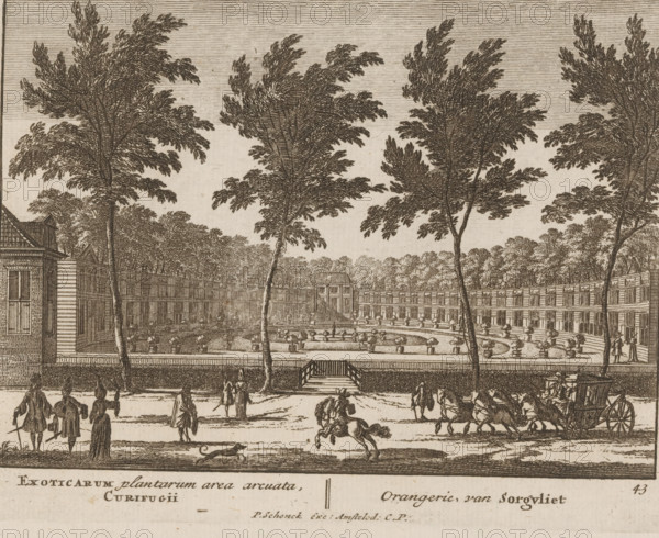 Orangery at Sorghvliet Park in The Hague, Orangery, of Sorgvliet, Exoticarum plantarum area arcuata, Curieugii, Admirandorum Quadruplex Spectaculum, Fourfold spectacle of wonders, print, Series number, 43, 71, printmaker: Jan van Call (I), Amsterdam, publisher: Pieter Schenk (I), grantor of privilege: States of Holland and West Friesland, c. 1700, paper, etching, height 129 mm x width 168 mm, Other state also used in: Call, 1700. The title page, dedication, and portrait of Frederick of Saxony were engraved by Pieter Schenk (I). The other prints in this series are, as indicated on the title page, by Jan van Call (I)., French or architectonic garden, formal garden, The Hague, An etching showing a formal garden surrounded by a curved building with many windows and a low wall, a central circular fountain area with potted plants and small statues, tall slender trees with detailed foliage framing the scene, a stairway leading from the garden up to the building, people in period clothing stan...