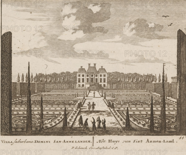 View of a country house in Sint-Annaland, Villa Suburbana Domini San-Annelandiae, Het Huys van Sint Annen-Land, print, Series number, 44, 71, printmaker: Jan van Call (I), Amsterdam, publisher: Pieter Schenk (I), grantor of privilege: States of Holland and West Friesland, c. 1700, paper, etching, height 129 mm x width 168 mm, Other state also used in: Call, 1700.* * The title print, dedication, and the portrait of Frederik van Saxony were engraved by Pieter Schenk (I). The other prints in this series are, as indicated on the title print, by Jan van Call (I)., rural housing, eg country-house, villa, cottage, French or architectonic garden, formal garden, The Hague, A symmetrical formal garden with geometric planted beds and patterned parterres leads up to a three-story house with a central door and a pitched roof with chimneys; tall clipped trees and hedges border the garden and frame the view, and a few small human figures in period dress stand and walk along the central path; clouds f...