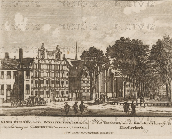 View of the Voorhout and the Kneuterdijk, Nemus urbanum, iusxta Monasteriense templum, avicularumque Garrientium (in nemore) aggerem, The Voorhout, from the Kneuterdyk, over by the Kloosterkerk, Admirandorum Quadruplex Spectaculum, Fourfold spectacle of wonders, print, Series number, 52, 71, printmaker: Jan van Call (I), Amsterdam, publisher: Pieter Schenk (I), grantor of privilege: States of Holland and West Friesland, c. 1700, paper, etching, height 129 mm x width 168 mm, Other state also used in: Call, 1700. The title page, dedication, and portrait of Frederick of Saxony were engraved by Pieter Schenk (I). The other prints in this series are, as indicated on the title page, by Jan van Call (I)., public road, city-view, and landscape with man-made constructions, The Hague, Kneuterdijk, Lange Voorhout, A detailed engraving showing a streetscape with ornate multi-story buildings on the left, a large church-like structure with tall arched windows toward the center, and rows of tall leaf...