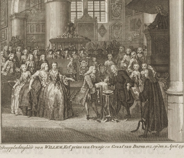 Baptism ceremony of William, Hereditary Prince of Orange and Count of Buren etc. on April 11, 1748, Baptism of Prince William V, print, Baptism ceremony of Prince William V in the Grote Kerk in The Hague, April 11, 1748. William IV holds the child during the baptism; on the left, the princess looks on with ladies-in-waiting., printmaker: attributed to Gerard Sibelius, Northern Netherlands, after print by Simon Fokke, 1750 - 1752, after print by, Attributed to, paper, etching, engraving, etching and engraving, height 148 mm x width 175 mm, Person, William V (Prince of Orange-Nassau), William IV (Prince of Orange-Nassau), Anna of Hanover, Baptism, Protestant service, The Hague, Grote Kerk (The Hague), Period, 1748-04-11, A detailed monochrome engraving of an interior ceremony scene shows a large room with high windows, decorative panels, and tall columns; a group of formally dressed men and women in period clothing gather around a central area where a kneeling figure faces a standing off...