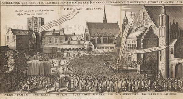 The Beheading of Johan van Oldenbarnevelt, 1619, Image of the execution that took place on the 13th of May 1619 on Jan van Oldenbarnevelt, former advocate of Holland, Nero tamen subtraxit oculos, Iussitque scelera sed non spectavit. Tacitus in Vita agricolae, print, The Beheading of Johan van Oldenbarnevelt at the Binnenhof in The Hague on 13 May 1619. View of the square with all the surrounding buildings and the assembled crowd. In the tower in the upper left, the court of Prince Maurits. In the image three banners with sayings by Van Oldenbarnevelt and Prince Maurits., printmaker, after print by, Northern Netherlands, paper, etching, height 130 mm x width 250 mm, Used in: Vondel, Joost van den. Hekeldigten. SlSn, 1707., Person, Maurice (Prince of Orange), Johan van Oldenbarnevelt, violent death by beheading, death penalty, execution, Conviction and execution of Johan van Oldenbarnevelt, The Hague, Binnenhof, Period, 1619-05-13, A detailed monochrome engraving shows a crowded town squ...