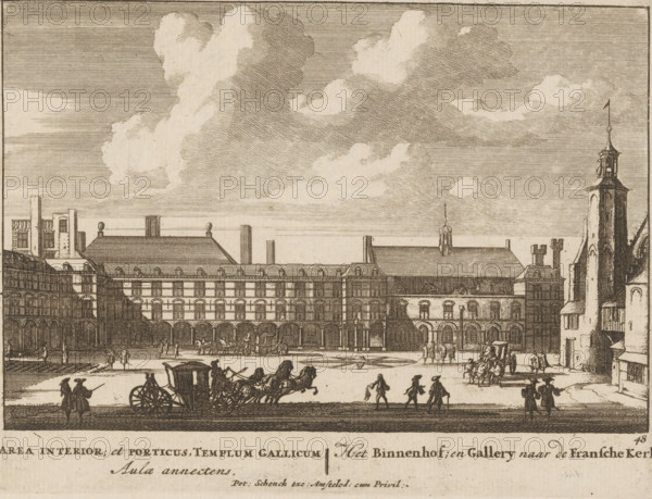 View of the Binnenhof in The Hague, Area interior, et porticus, templum Gallicum Aula annectens, The Binnenhof, and Gallery towards the French Church, Fourfold spectacle of wonders, Admirandorum Quadruplex Spectaculum, print, Series number, 48, 71, printmaker: Jan van Call (I), Amsterdam, publisher: Pieter Schenk (I), grantor of privilege: States of Holland and West Friesland, c. 1700, paper, etching, height 129 mm x width 170 mm, Other state also used in: Call, 1700. The title page, dedication, and portrait of Frederik van Saxony were engraved by Pieter Schenk (I). The other prints in this series are, as indicated on the title page, by Jan van Call (I)., city-view, and landscape with man-made constructions, civic architecture, edifices, dwellings, The Hague, Binnenhof, A wide etching shows a large rectangular courtyard fronted by a multi-story building with rows of arched openings at ground level and regularly spaced windows above, flanked by taller towers and rooflines; a tall slende...