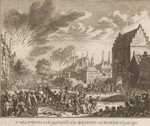 The Hague plundered, by Maarten van Rossem, in the year 1528, The Hague plundered under the leadership of Maarten van Rossum, 1528, print, book illustration, Troops of the Gelderland general Maarten van Rossum plunder and burn The Hague., printmaker: Simon Fokke, Amsterdam, 1722 - 1784, paper, etching, height 163 mm x width 194 mm, Print appeared in: Wagenaar, Jan. Vaderlandsche historie, 21 vols. Amsterdam: sn. 1750-1783., Person, Maarten van Rossum, plundering, soldiers, The Hague, Period, A detailed sepia-toned engraving shows a busy riverside town scene with a wide sky filled with layered clouds and plumes of smoke rising from the background, rows of multi-story buildings with steep gabled roofs and towers lining the water, a large stepped-gable structure on the right, and various smaller peaked and turreted rooftops across the middle distance. In the foreground there is a crowded riverbank with many figures engaged in activity: mounted soldiers on horseback, men carrying or haulin...