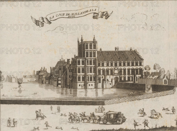 La cour de Hollande a la Haye, View of the Buitenhof with the Hofvijver in The Hague, print, printmaker: Jacobus Harrewijn, 1700 - 1740, paper, etching, height 158 mm x width 200 mm, Later published in: Histoire Generale des Pais bas Contenant la Description des XVII Provinces. Brussels: Francois Foppens, 1720., city-view, and landscape with man-made constructions, The Hague, Buitenhof, Hofvijver, A wide engraving shows a riverside scene with a large multi-story building featuring tall narrow windows, decorative roof elements, and multiple towers or pinnacles, sitting directly at the water's edge with reflections in the water. Smaller adjoining buildings with pitched roofs and chimneys line the waterfront to the left, and a stone wall extends from the right side of the main building into the water. Trees and smaller houses appear behind the wall on the right. On the river a small boat with a canopy and a solitary potted tree on a platform are visible. In the foreground an open plain or...