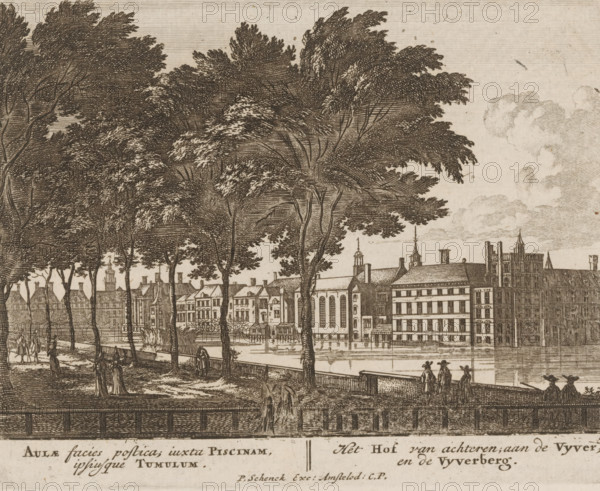 Aulae facies prostica, iuxta Piscinam, ipsiusque Tumulum, Het Hof van achteren, aan de Vyver, en de Vyverberg, Gezicht op het Buitenhof en de Vijverberg, Viervoudig schouwspel van wonderen, Admirandorum Quadruplex Spectaculum, print, Series number, 50, 71, printmaker: Jan van Call (I), Amsterdam, publisher: Pieter Schenk (I), grantor of privilege: Staten van Holland en West-Friesland, c. 1700, paper, etching, height 130 mm x width 167 mm, Other state also used in: Call, 1700. The title page, dedication, and portrait of Frederick of Saxony were engraved by Pieter Schenk (I). The other prints in this series are, as indicated on the title page, by Jan van Call (I)., city-view, and landscape with man-made constructions, civic architecture, edifices, dwellings, The Hague, Vijverberg, Buitenhof, Hofvijver, A wide riverside scene rendered in a monochrome etching shows tall trees with dense canopies lining a walkway by the water, their trunks rising from a shaded path where small groups of peo...