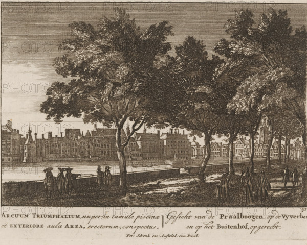 View of the Vijverberg and the Hofvijver, Arcuum Triumphalum, nuper in tumulo piscinae et exteriore aula Area, erectorum, conspectus, View of the Triumphal Arches, on the Vyverberg and on the Buitenhof, erected, Quadruple spectacle of wonders, Admirandorum Quadruplex Spectaculum, print, Series number, 51, 71, printmaker: Jan van Call (I), Amsterdam, publisher: Pieter Schenk (I), grantor of privilege: States of Holland and West Friesland, c. 1700, paper, etching, height 131 mm x width 170 mm, Other state also used in: Call, 1700. The title page, dedication, and portrait of Frederick of Saxony were engraved by Pieter Schenk (I). The other prints in this series are, as indicated on the title page, by Jan van Call (I)., city-view, and landscape with man-made constructions, civic architecture, edifices, dwellings, The Hague, Vijverberg, Buitenhof, Hofvijver, A wide sepia-toned engraving showing a riverbank lined with tall, leafy trees in the foreground and a long row of detailed buildings a...
