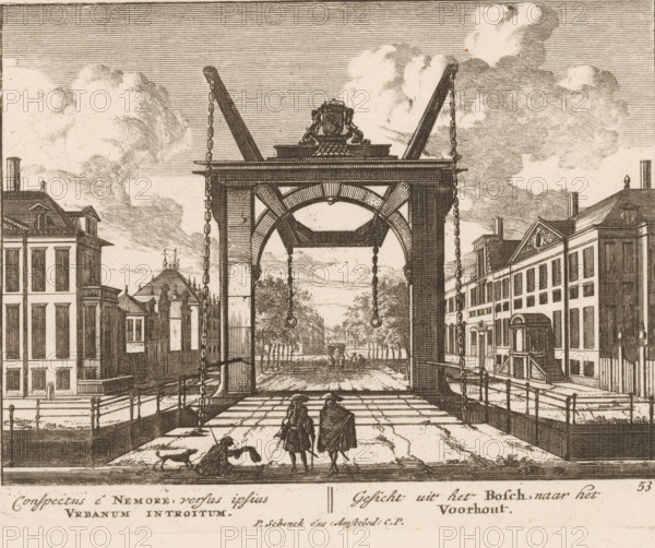 View from the Haagse Bos to the Voorhout, conspectus é Nemore, versus ipsius Urbanum introitum, View from the Forest to the Voorhout, Admirandorum Quadruplex Spectaculum, Fourfold spectacle of wonders, print, Series number, 53, 71, printmaker: Jan van Call (I), Amsterdam, publisher: Pieter Schenk (I), grantor of privilege: States of Holland and West Friesland, c. 1700, paper, etching, height 130 mm x width 165 mm, Other state also used in: Call, 1700. The title page, dedication, and portrait of Frederick of Saxony were engraved by Pieter Schenk (I). The other prints in this series are, as indicated on the title page, by Jan van Call (I)., city-view, and landscape with man-made constructions, civic architecture, edifices, dwellings, The Hague, Voorhout, Haagse Bos, A detailed sepia-toned engraving shows a city scene centered on a large wooden drawbridge structure with chains hanging from angled beams and decorative cresting on top, framed by archways and columns. Behind the bridge a tre...