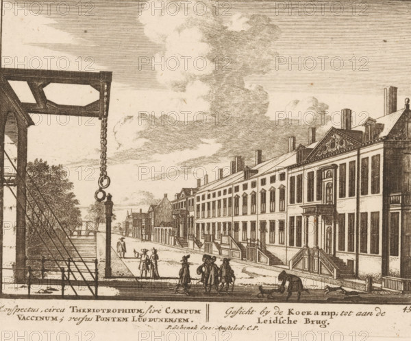 View from the Koekamp to the Leidsebrug, conspectus, circa Theriotrophium sive Campum Vaccinum, versus Pontem Lugdunensem, Quadruple spectacle of wonders, Admirandorum Quadruplex Spectaculum, print, Series number, 45, 71, printmaker: Jan van Call (I), Amsterdam, publisher: Pieter Schenk (I), grantor of privilege: States of Holland and West Friesland, c. 1700, paper, etching, height 130 mm x width 168 mm, Other state also used in: Call, 1700. The title page, dedication, and portrait of Frederick of Saxony were engraved by Pieter Schenk (I). The other prints in this series are, as indicated on the title page, by Jan van Call (I)., canals, waters (in city), city-view, and landscape with man-made constructions, bridge, The Hague, Voorhout, A sepia-toned etching of a riverside street scene showing a row of tall, narrow buildings with many windows and pitched roofs extending along the right side, ornate pediments and chimneys on some roofs, a series of steps and stoops leading down to the st...