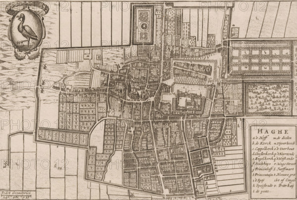 Haghe, Map of The Hague, area plan, print, 1650 - 1700, printmaker, paper, etching, height 151 mm x width 225 mm, maps of cities, The Hague, A detailed sepia-toned map showing a dense arrangement of streets and rectangular blocks with small building outlines and courtyard patterns, interspersed with larger enclosed areas that contain geometric garden layouts and rows of trees, surrounding walls and waterways that form irregular boundaries, a network of narrow canals and bridges cutting through the urban fabric, open fields and gridlike agricultural plots beyond the city limits, clusters of small windmill symbols near the outskirts, an ornate oval cartouche in a corner featuring a heron standing on one leg framed by decorative foliage, and a boxed legend panel along one edge containing columns of small handwritten entries.