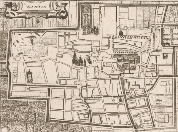 Map of The Hague, La Haie, area plan, print, printmaker: Jacobus Harrewijn (possibly), 1730 - 1750, paper, etching, height 159 mm x width 200 mm, Possibly from: Les Délices des Pays Bas. Histoire Generale des Pais-Bas contenant la Description des XVII Provinces. Brussels: Weduwe Foppens, 1743., maps of cities, The Hague, A sepia-toned engraved map fragment showing a walled urban area with streets and rectangular blocks, a variety of stylized buildings including clustered churches with spires and domes, a large complex of dense architectural detail set within a courtyard, patterned garden beds and tree-lined avenues, open plots with hatch and dot shading suggesting different ground textures, decorative cartouche elements along the top edge, a surrounding fortified wall with bastions, and a network of canals or water-filled moats running alongside streets and the outer perimeter.