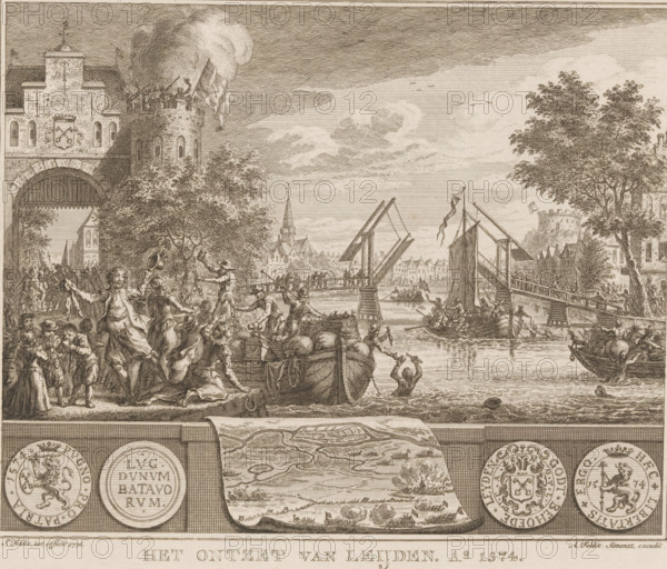 Relief of Leiden, 1574, The Relief of Leiden. Ao. 1574, print, The Relief of Leiden, October 3, 1574. Food is being distributed to the inhabitants of the city from the Geuzen boats. A city gate on the left. At the bottom a map of the region and two examples of the paper emergency money put into circulation during the siege., printmaker: Simon Fokke, Amsterdam, after design by, publisher: Arend Fokke Simonsz., 1776, paper, etching, height 179 mm x width 205 mm, battle, raising the siege with outside assistance, relief, canals, waters (in city) (city(-scape) with figures, staffage), Leiden, Period, 1574-10-03, A busy riverside scene rendered in fine line engraving shows a fortified gateway and round tower on the left with smoke and figures atop the tower, a crowd of animated people on the quay with some waving hats and interacting around boats loaded with goods, a raised drawbridge spanning the river with small rowing and sailing boats beneath and alongside it, buildings and a tall churc...