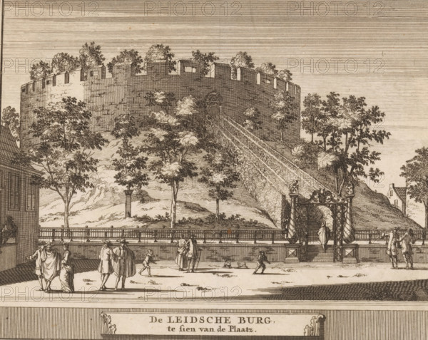 View of the castle of Leiden, The Leiden Castle seen from the square, Castles, country estates and houses in the Netherlands, print, book illustration, printmaker: Jacobus Schijnvoet, Amsterdam, after drawing by Roelant Roghman (possibly), publisher: Pieter de Coup (possibly), 1711, paper, etching, height 195 mm x width 215 mm, Print first used in: Smids, Ludolph. Schatkamer der Nederlandse oudheden, of Woordenboek, between p. 198 and 199. Possibly appeared thereafter in reissues of this work in 1737 and 1774. In 1721, an edition appeared containing only the prints: Nederlandsche oudheden, bestaan in zesachtig verbeeldingen, gelegen in Holland, 't Sticht van Utrecht en Gelderland enz. Amsterdam: Hendrik Bosch, 1721., fortress, street (city(-scape) with figures, staffage), Leiden, Burcht van Leiden, A detailed engraved scene shows a large circular stone fortress atop a grassy, tree-covered hill, with crenellated walls and small trees growing along the battlements; a long sloping path or...